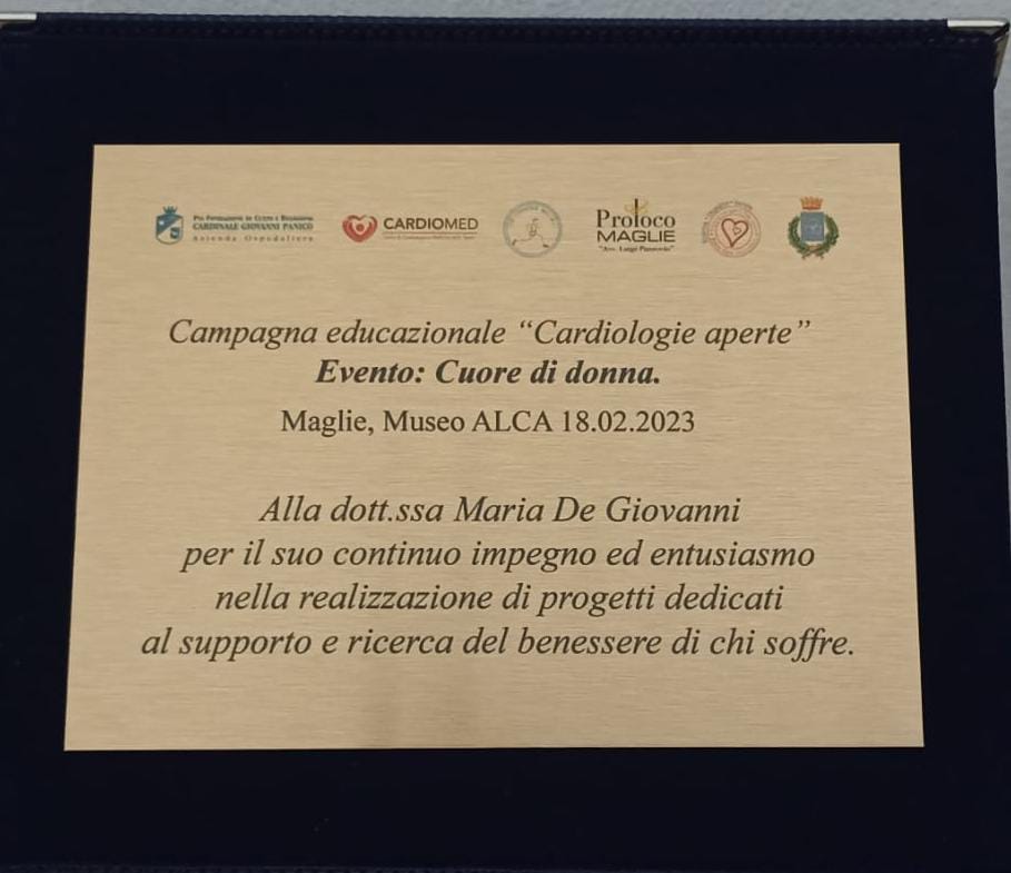 Ancora un riconoscimento per Maria De Giovanni: il centro CardioMed ha premiato l'Ufficiale al Merito