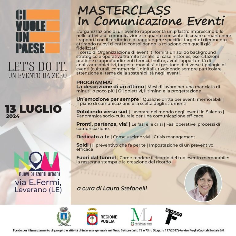 Leverano, “civuoleunPAESE” sabato la Masterclass in Comunicazione Eventi