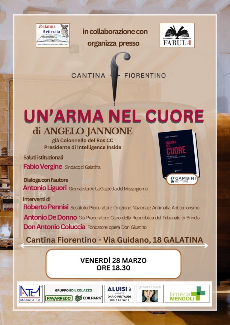 Angelo Jannone presenta a Galatina il suo ultimo libro “Un’arma nel cuore”
